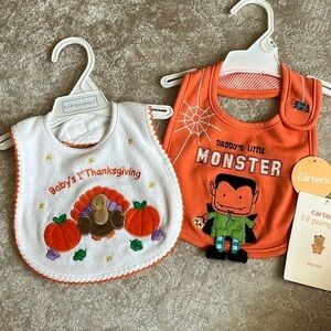 Brand New Set of 2 Cloth Baby Bibs Orange Halloween Thanksgiving Turkey Pumpkin